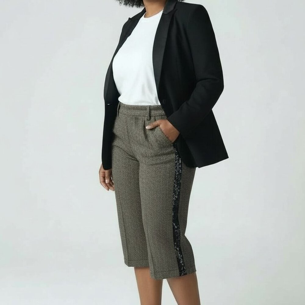 Ann Taylor Loft Size 14 Marissa Cropped Pants Black White Herringbone Sequin